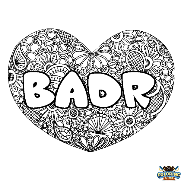 Coloring page first name BADR - Heart mandala background