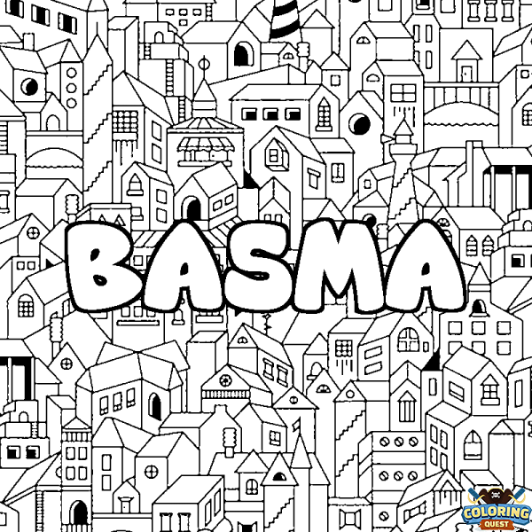 Coloring page first name BASMA - City background