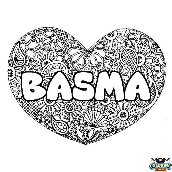 Coloring page first name BASMA - Heart mandala background