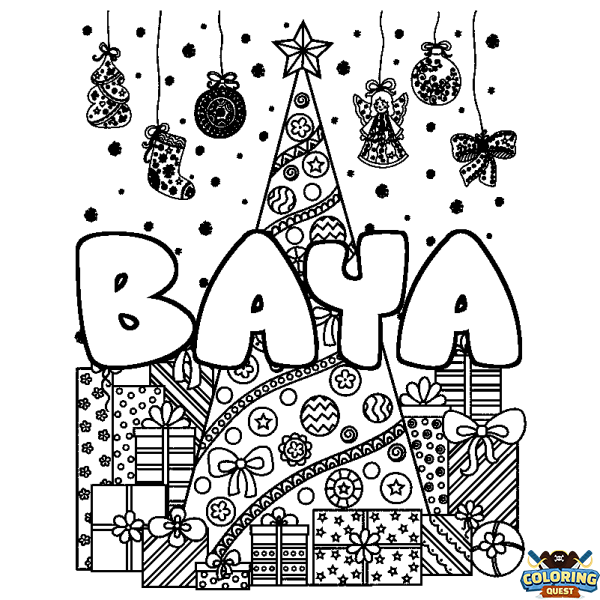 Coloring page first name BAYA - Christmas tree and presents background