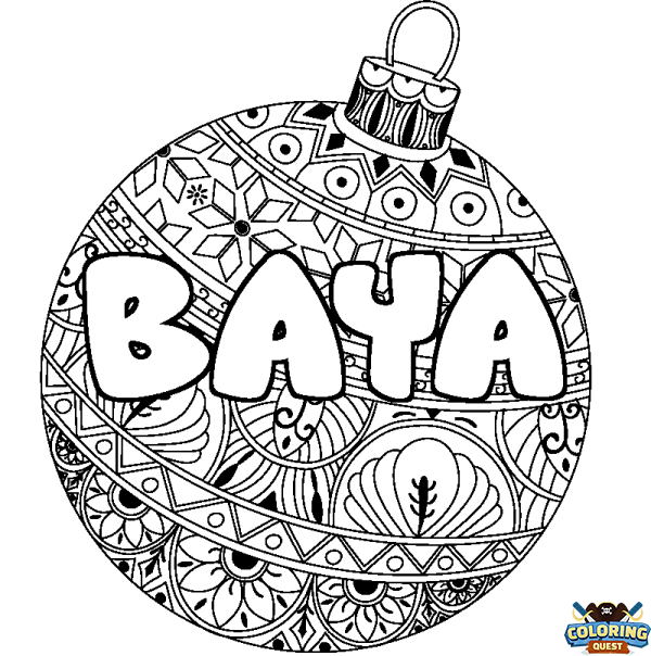 Coloring page first name BAYA - Christmas tree bulb background