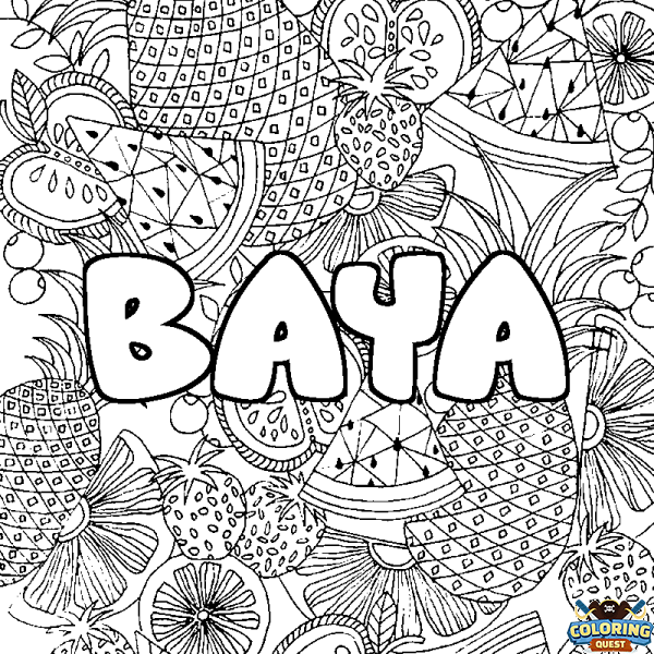 Coloring page first name BAYA - Fruits mandala background