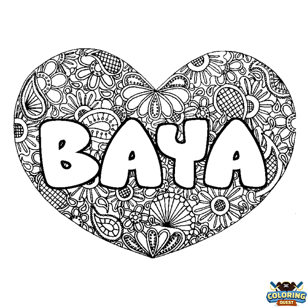 Coloring page first name BAYA - Heart mandala background