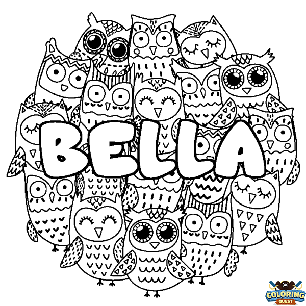 Coloring page first name BELLA - Owls background