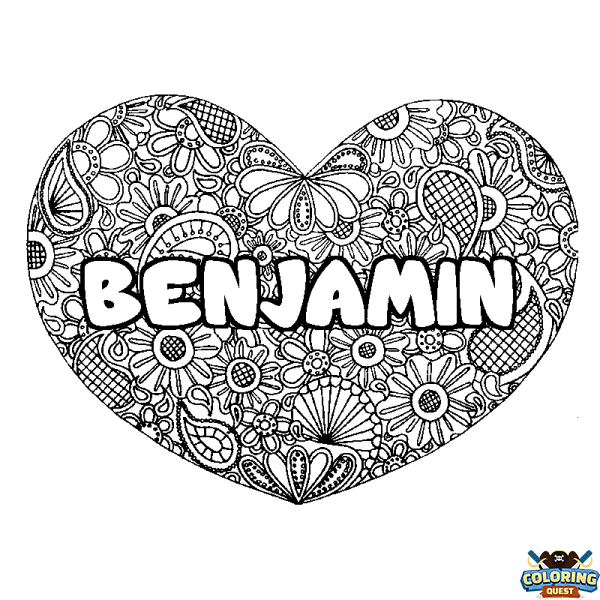 Coloring page first name BENJAMIN - Heart mandala background