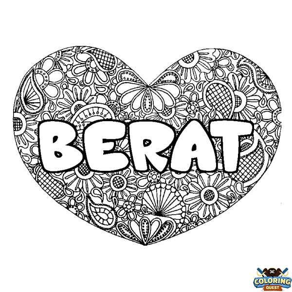 Coloring page first name BERAT - Heart mandala background