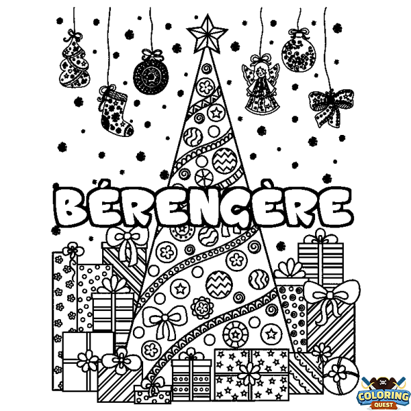 Coloring page first name B&Eacute;RENG&Egrave;RE - Christmas tree and presents background