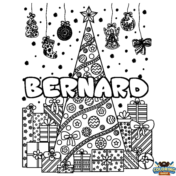 Coloring page first name BERNARD - Christmas tree and presents background