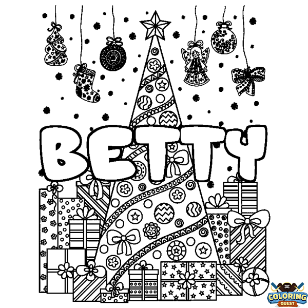 Coloring page first name BETTY - Christmas tree and presents background