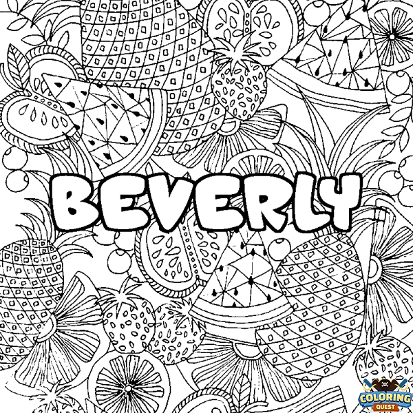 Coloring page first name BEVERLY - Fruits mandala background