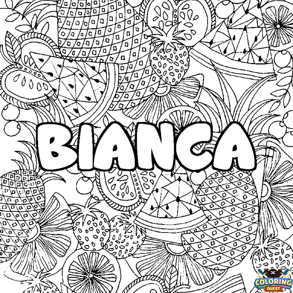 Coloring page first name BIANCA - Fruits mandala background