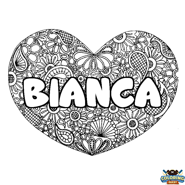 Coloring page first name BIANCA - Heart mandala background