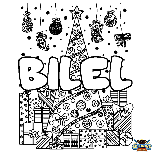 Coloring page first name BILEL - Christmas tree and presents background