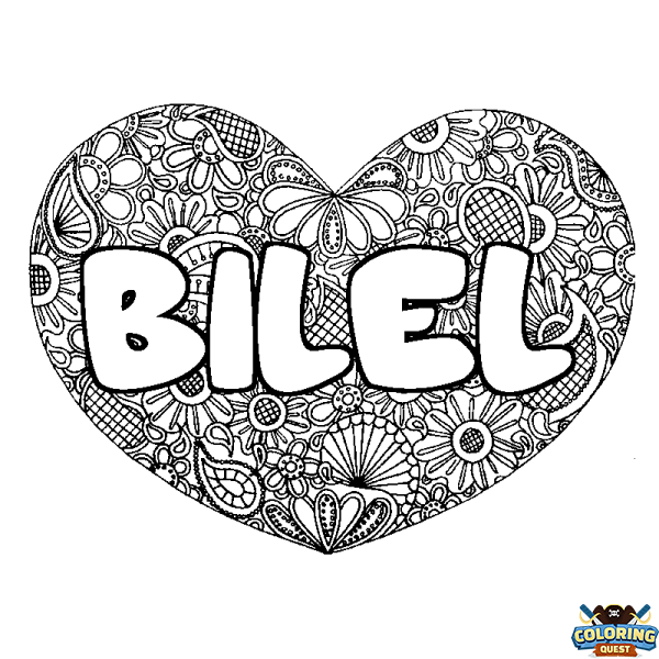 Coloring page first name BILEL - Heart mandala background