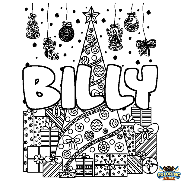 Coloring page first name BILLY - Christmas tree and presents background