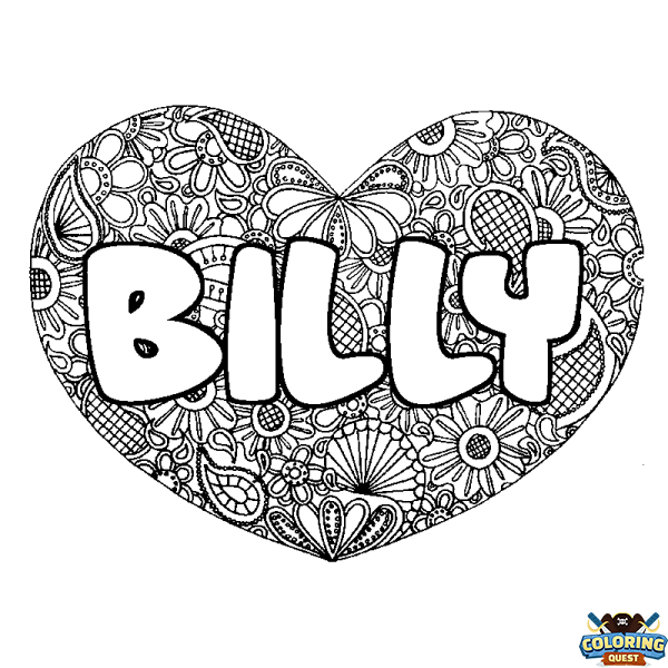 Coloring page first name BILLY - Heart mandala background