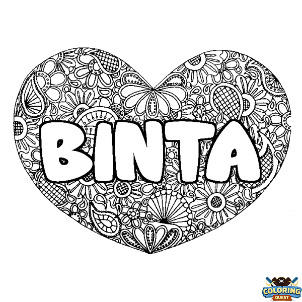 Coloring page first name BINTA - Heart mandala background