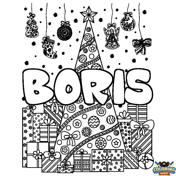 Coloring page first name BORIS - Christmas tree and presents background