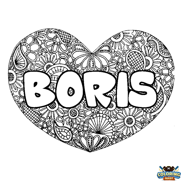 Coloring page first name BORIS - Heart mandala background