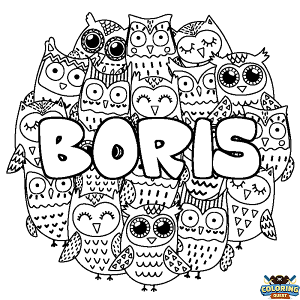 Coloring page first name BORIS - Owls background