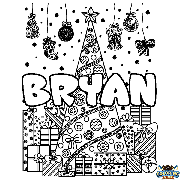 Coloring page first name BRYAN - Christmas tree and presents background