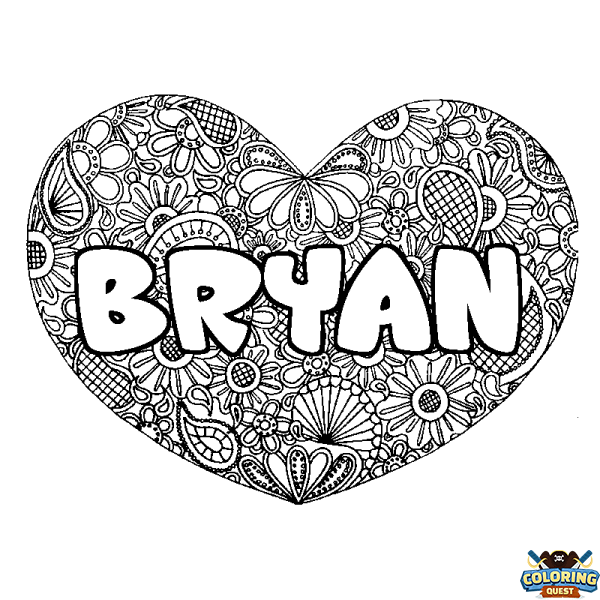 Coloring page first name BRYAN - Heart mandala background