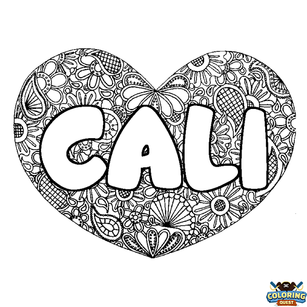 Coloring page first name CALI - Heart mandala background