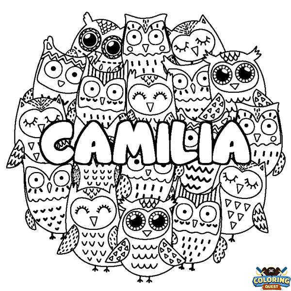 Coloring page first name CAMILIA - Owls background