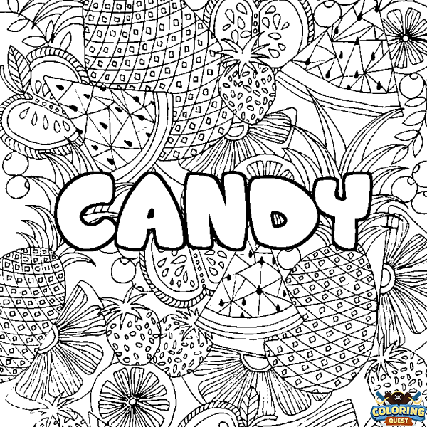 Coloring page first name CANDY - Fruits mandala background