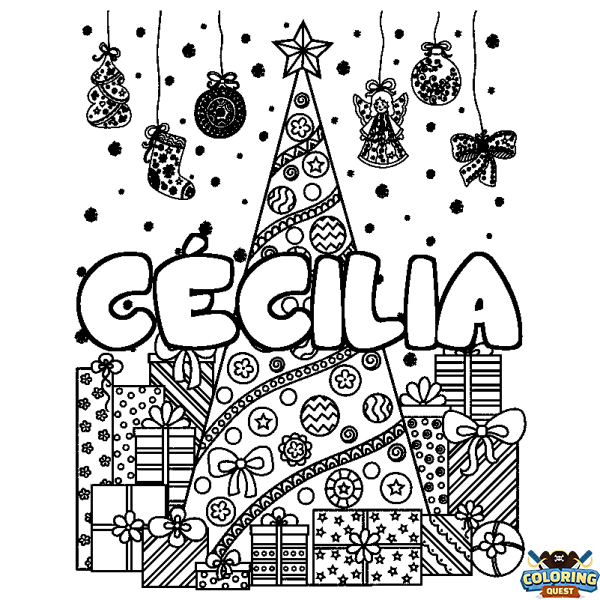 Coloring page first name C&Eacute;CILIA - Christmas tree and presents background