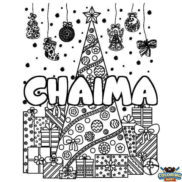 Coloring page first name CHAIMA - Christmas tree and presents background