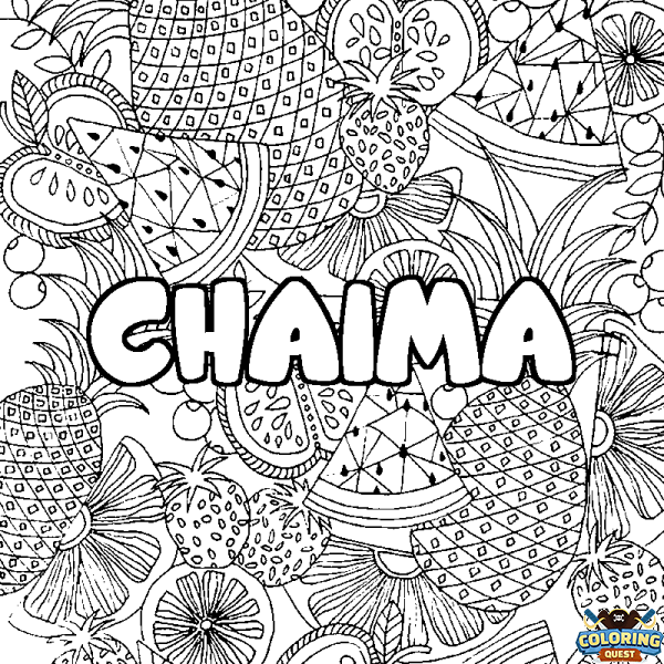 Coloring page first name CHAIMA - Fruits mandala background