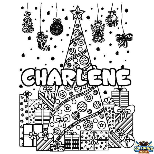 Coloring page first name CHARL&Egrave;NE - Christmas tree and presents background