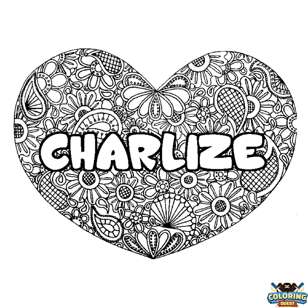 Coloring page first name CHARLIZE - Heart mandala background