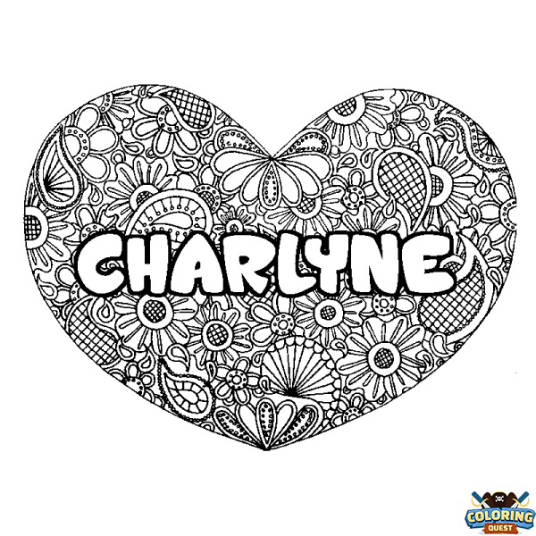 Coloring page first name CHARLYNE - Heart mandala background