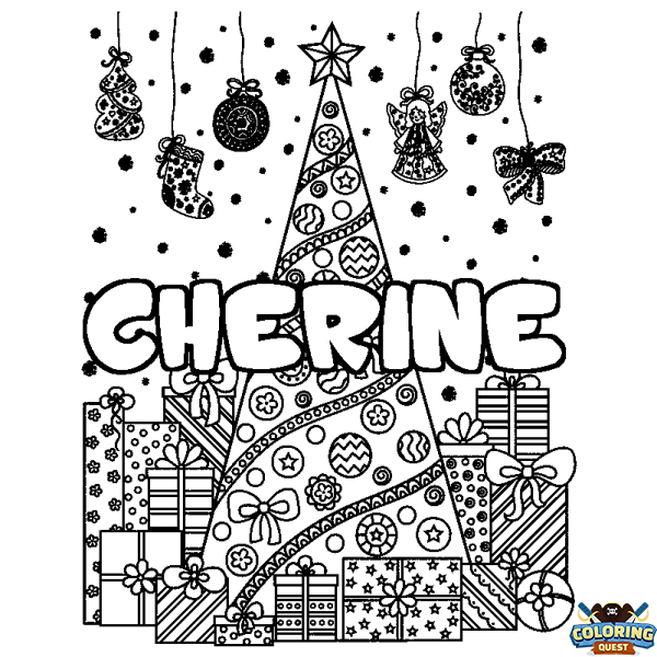 Coloring page first name CHERINE - Christmas tree and presents background