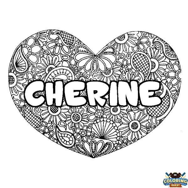 Coloring page first name CHERINE - Heart mandala background