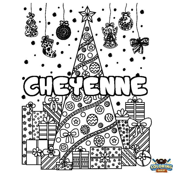 Coloring page first name CHEYENNE - Christmas tree and presents background