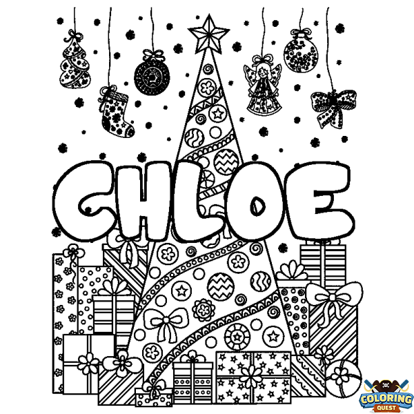 Coloring page first name CHLOE - Christmas tree and presents background