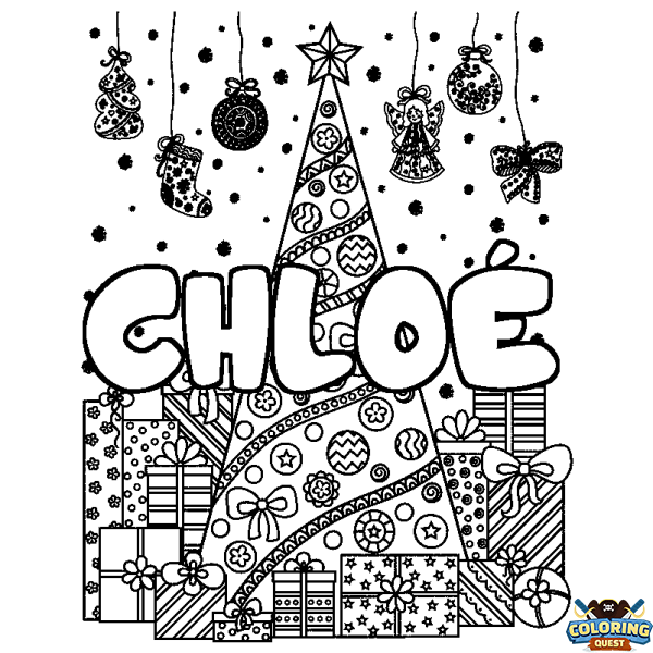 Coloring page first name CHLO&Eacute; - Christmas tree and presents background