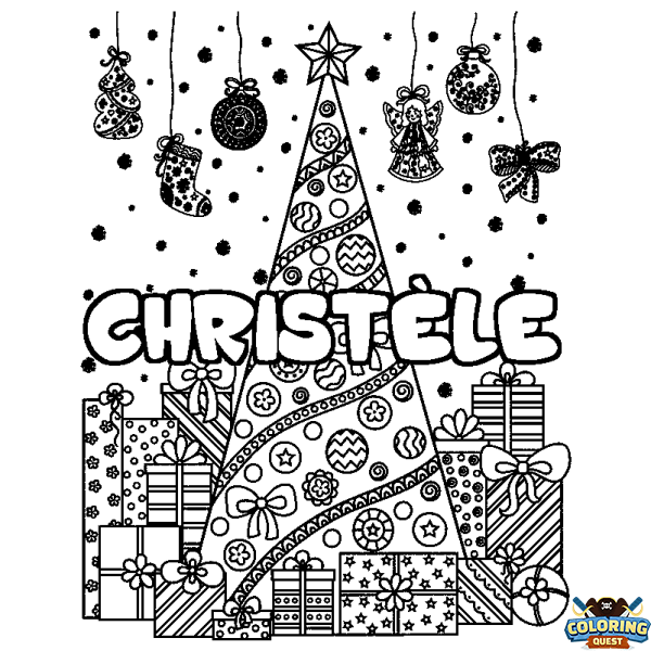 Coloring page first name CHRIST&Egrave;LE - Christmas tree and presents background