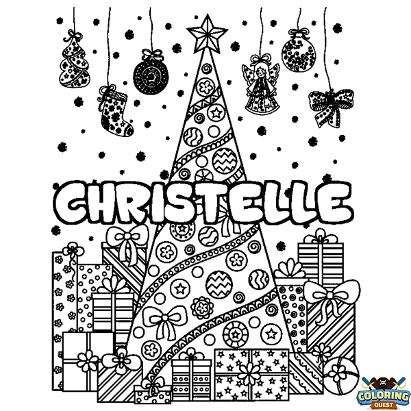 Coloring page first name CHRISTELLE - Christmas tree and presents background
