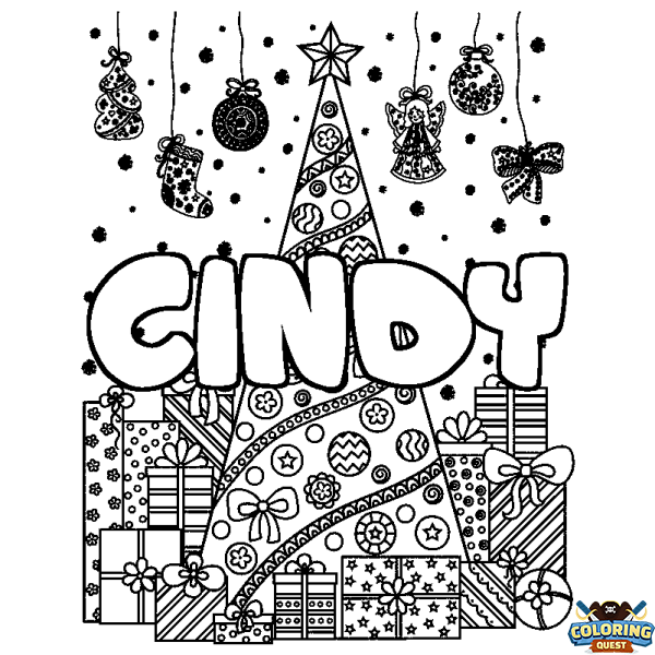 Coloring page first name CINDY - Christmas tree and presents background