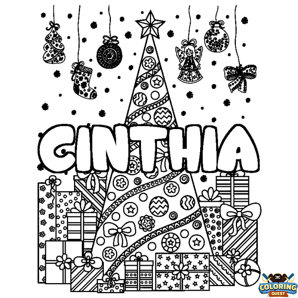 Coloring page first name CINTHIA - Christmas tree and presents background