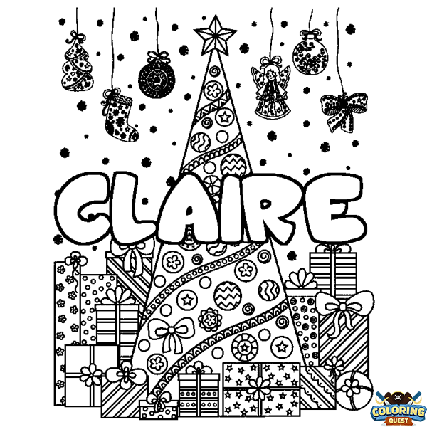 Coloring page first name CLAIRE - Christmas tree and presents background