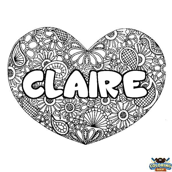 Coloring page first name CLAIRE - Heart mandala background
