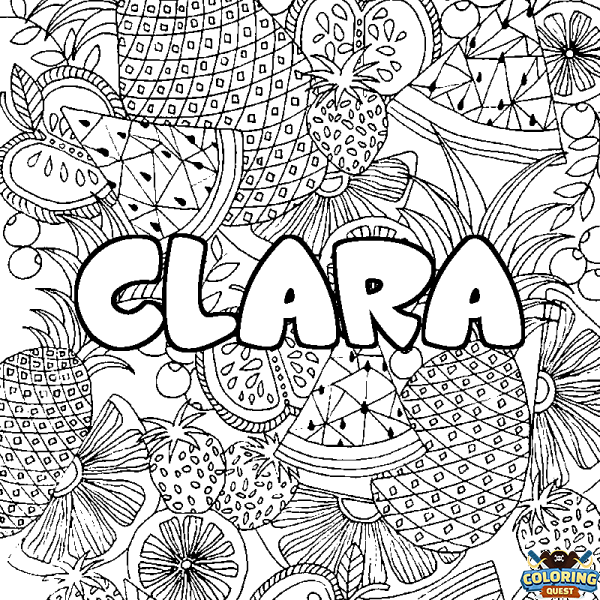 Coloring page first name CLARA - Fruits mandala background