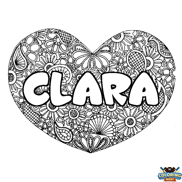 Coloring page first name CLARA - Heart mandala background