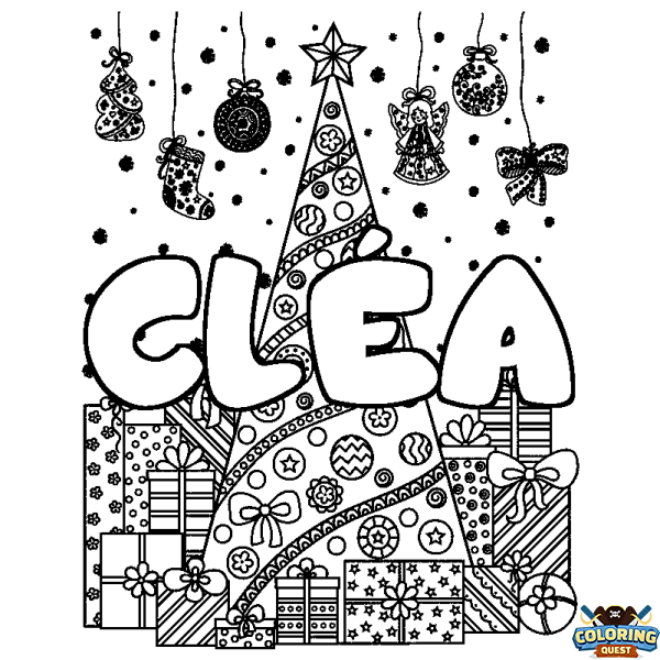 Coloring page first name CL&Eacute;A - Christmas tree and presents background