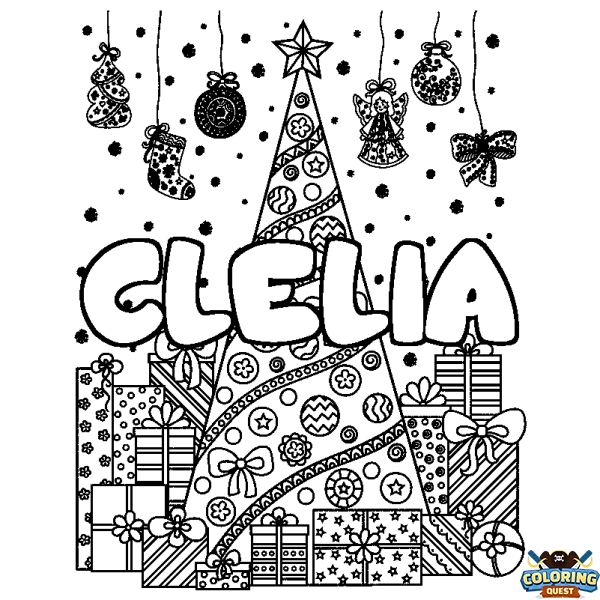 Coloring page first name CLELIA - Christmas tree and presents background